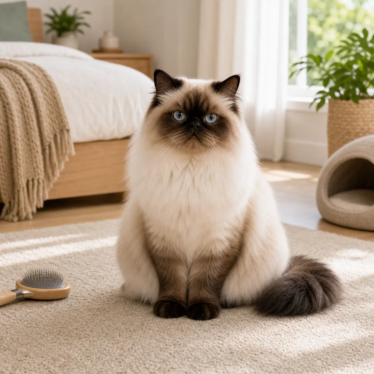 Himalayan cat sitting in a calm sunlit home