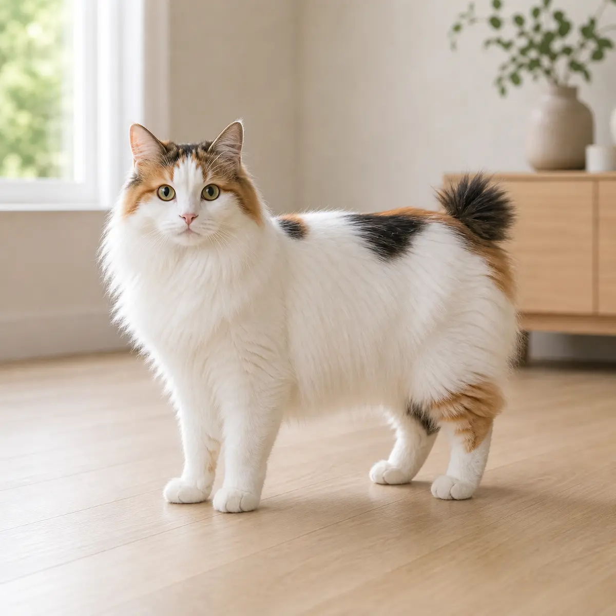 Japanese Bobtail Longhair cat standing in a bright modern home