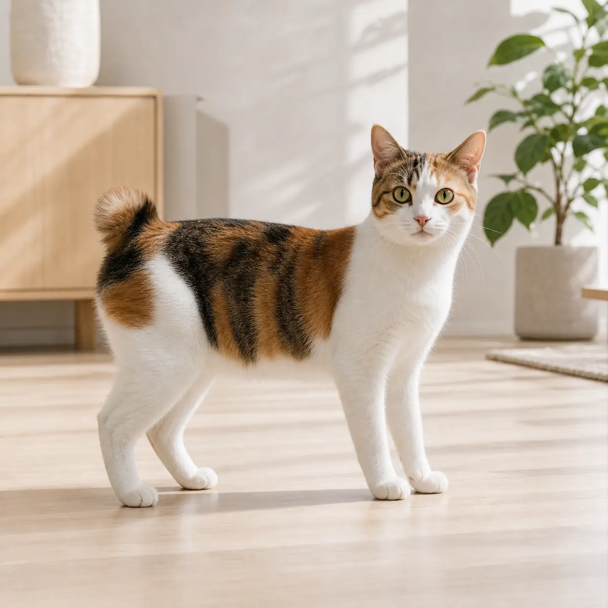 Japanese Bobtail Shorthair cat standing in a bright modern home