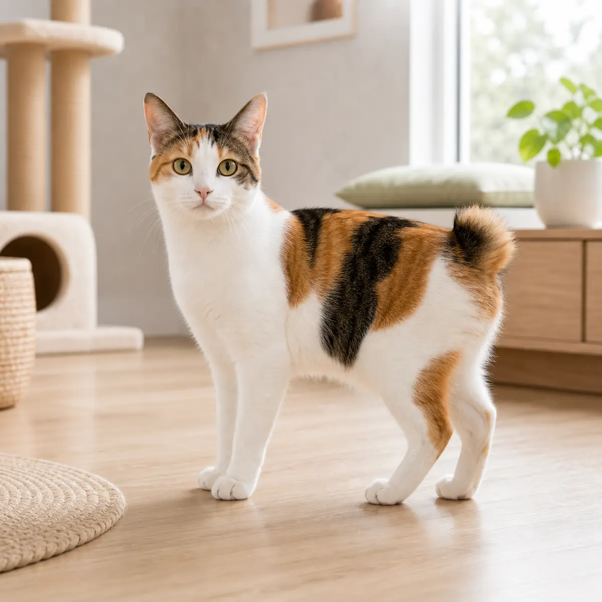 Japanese Bobtail cat standing in a bright modern home