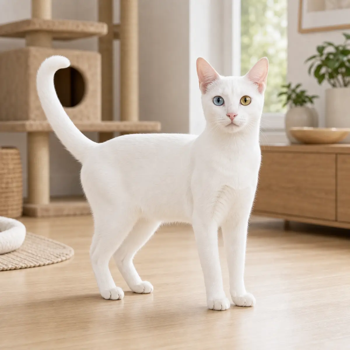 Khao Manee cat standing in a bright modern home