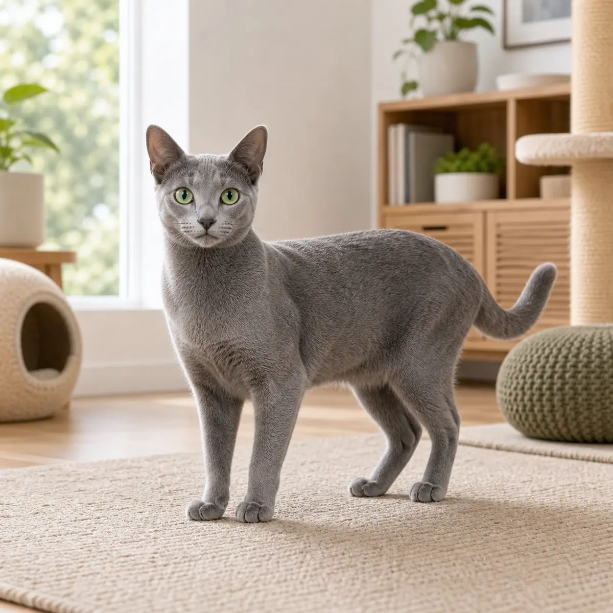 Korat cat standing in a bright modern home