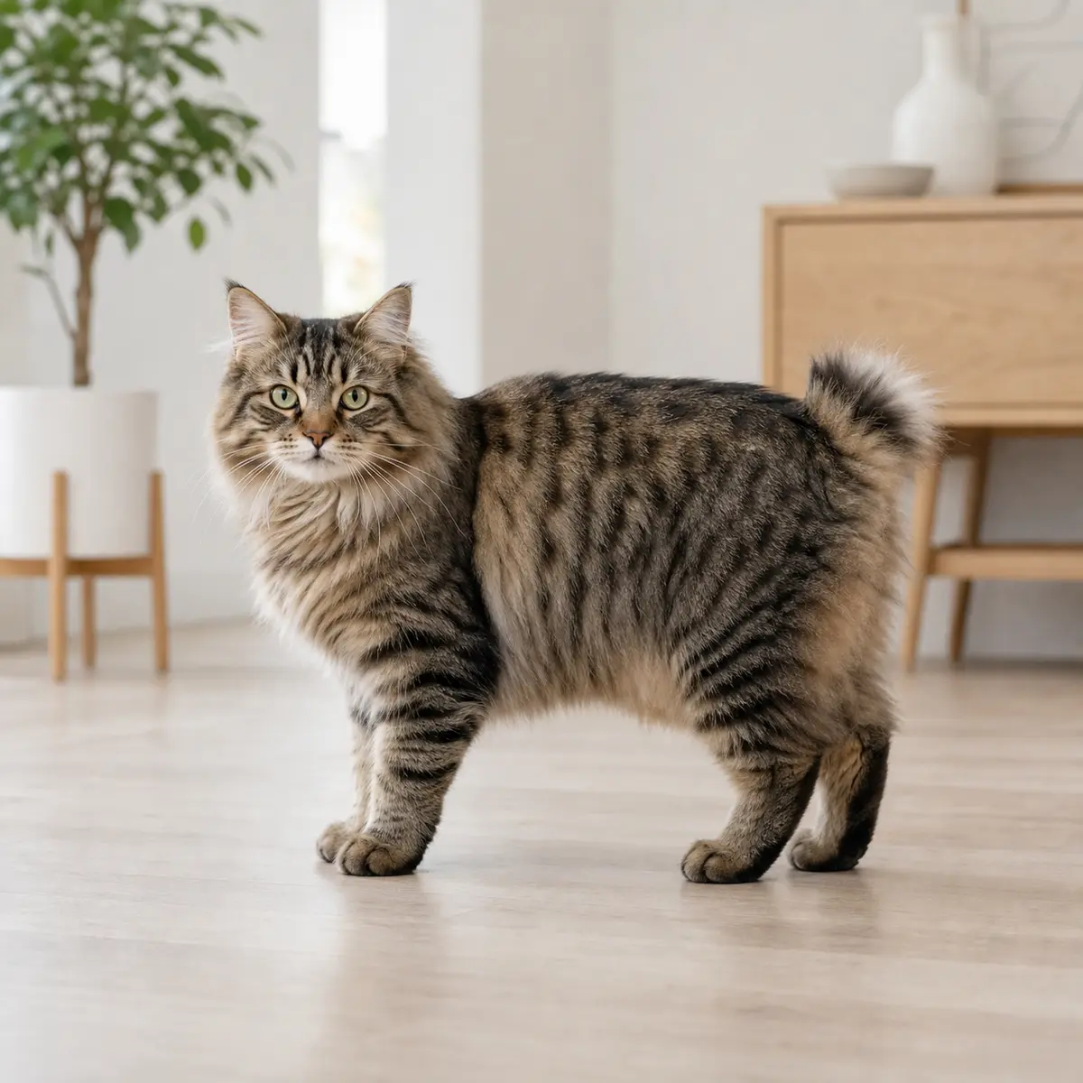 Kurilian Bobtail Longhair cat standing in a bright modern home