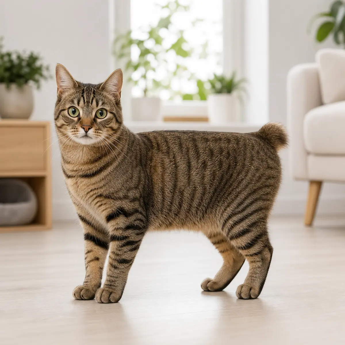 Kurilian Bobtail Shorthair cat standing in a bright modern home