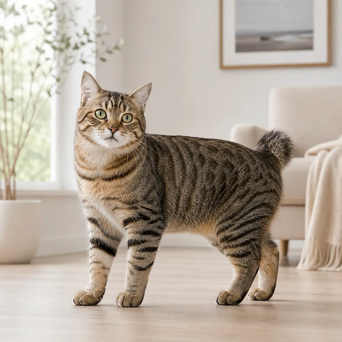 Kurilian Bobtail cat standing in a bright modern home
