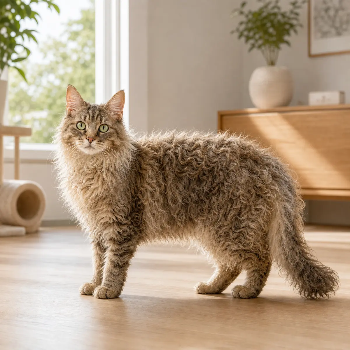 LaPerm Longhair cat standing in a bright modern home