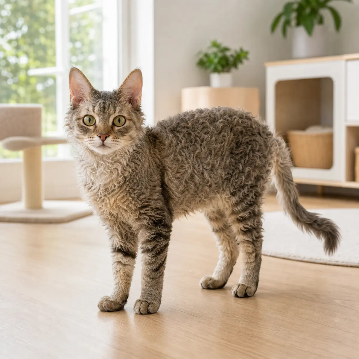 LaPerm Shorthair cat standing in a bright modern home