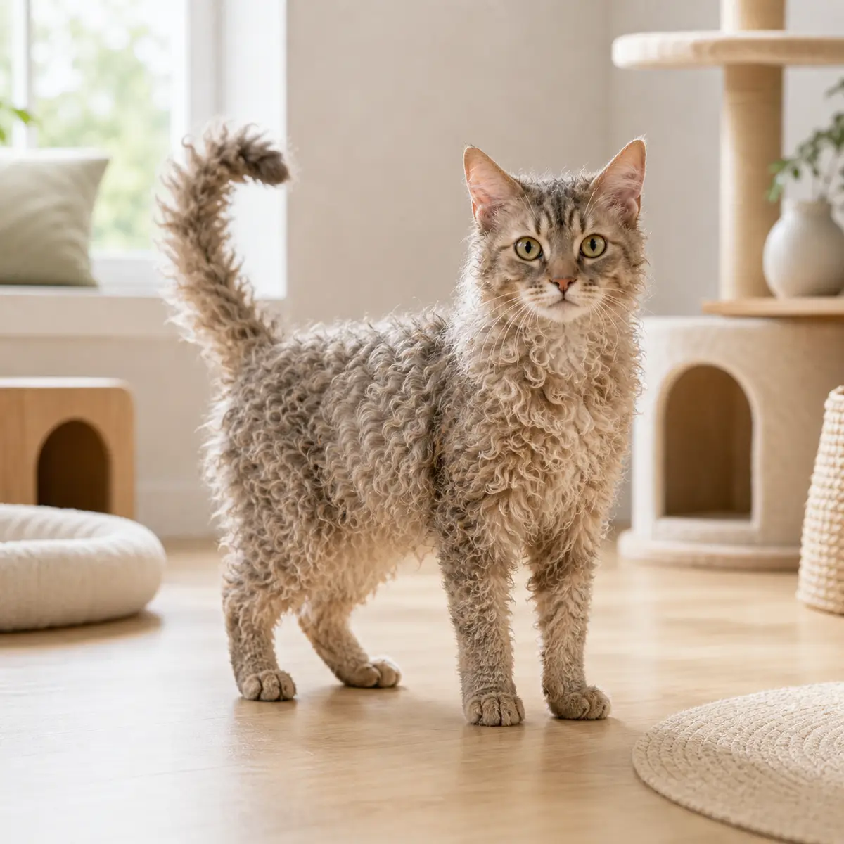 LaPerm cat standing in a bright modern home