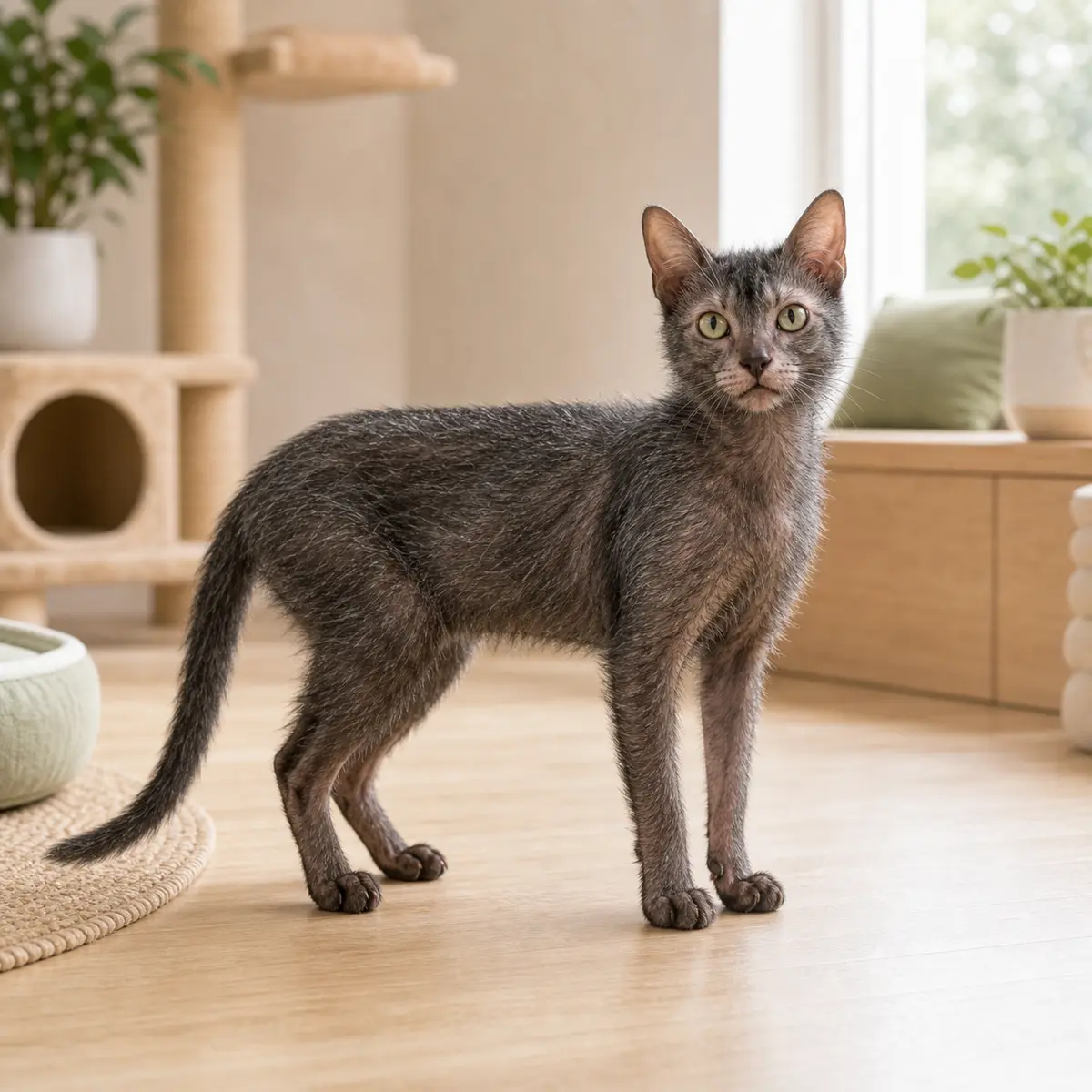 Lykoi cat standing in a bright modern home