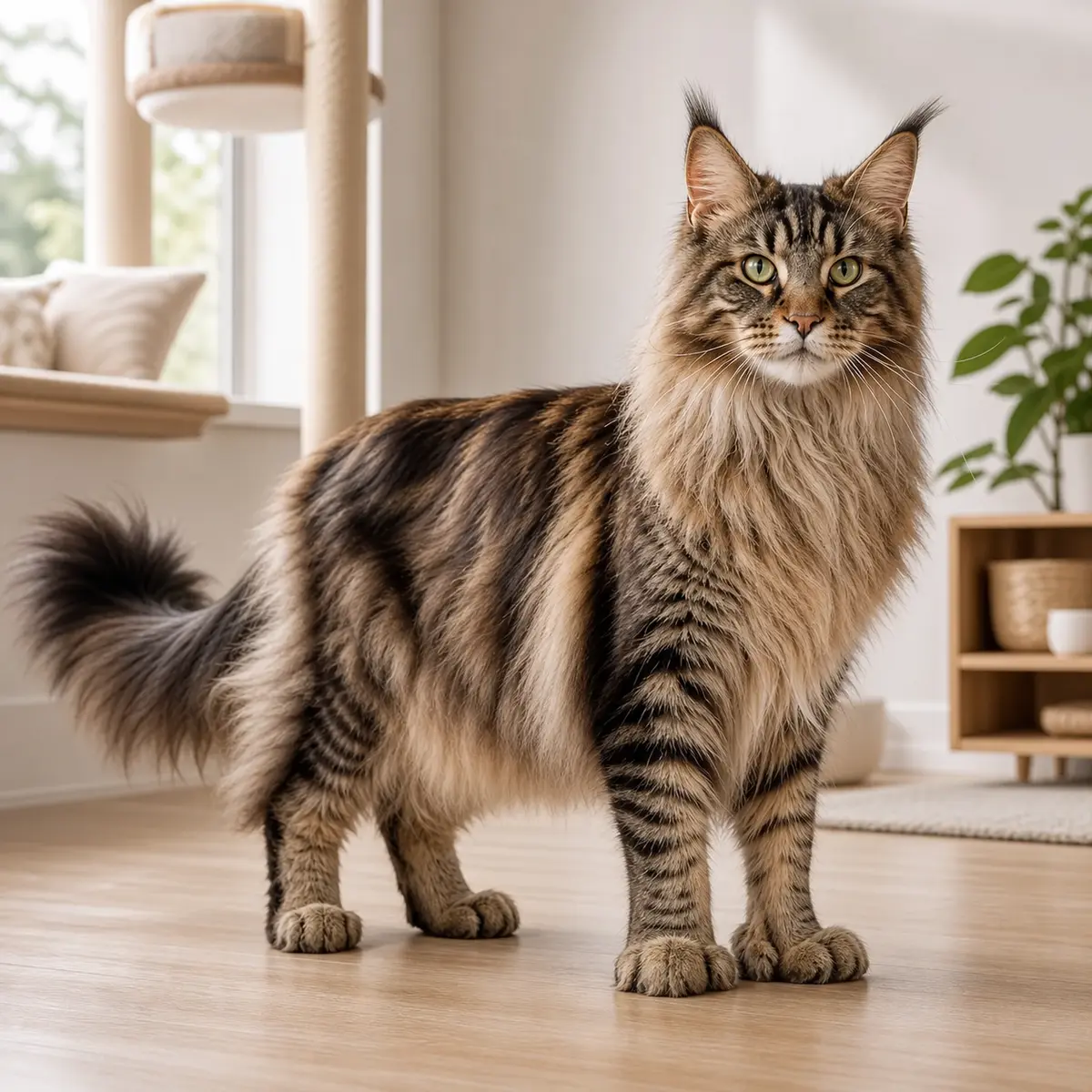 Maine Coon Polydactyl cat standing in a bright modern home