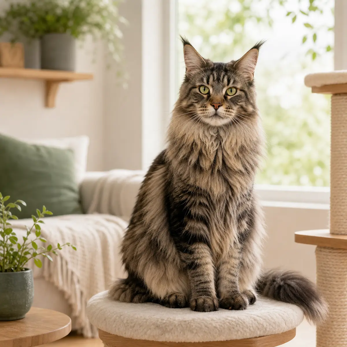 Maine Coon cat resting in a bright modern home