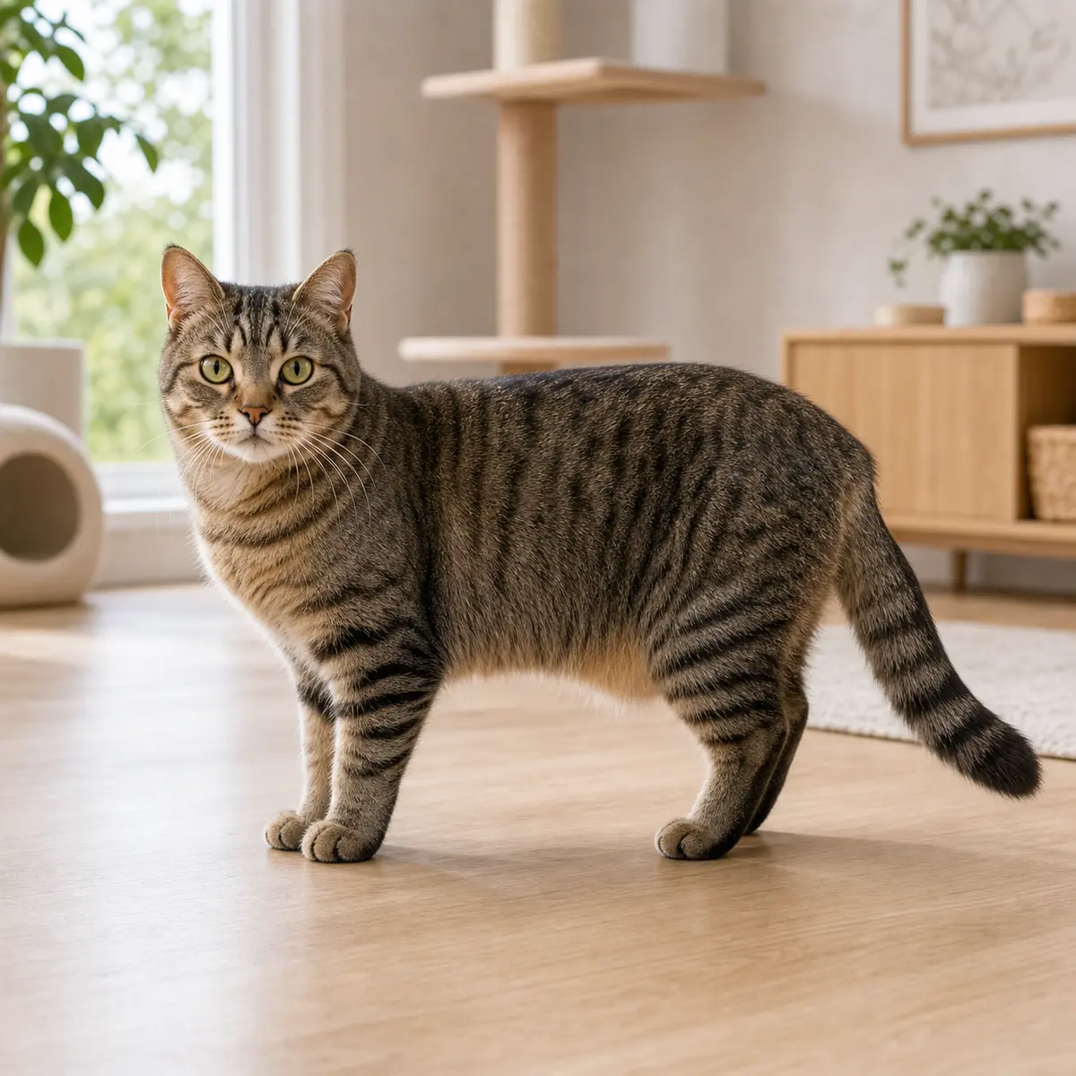 Manx Tailed cat standing in a bright modern home
