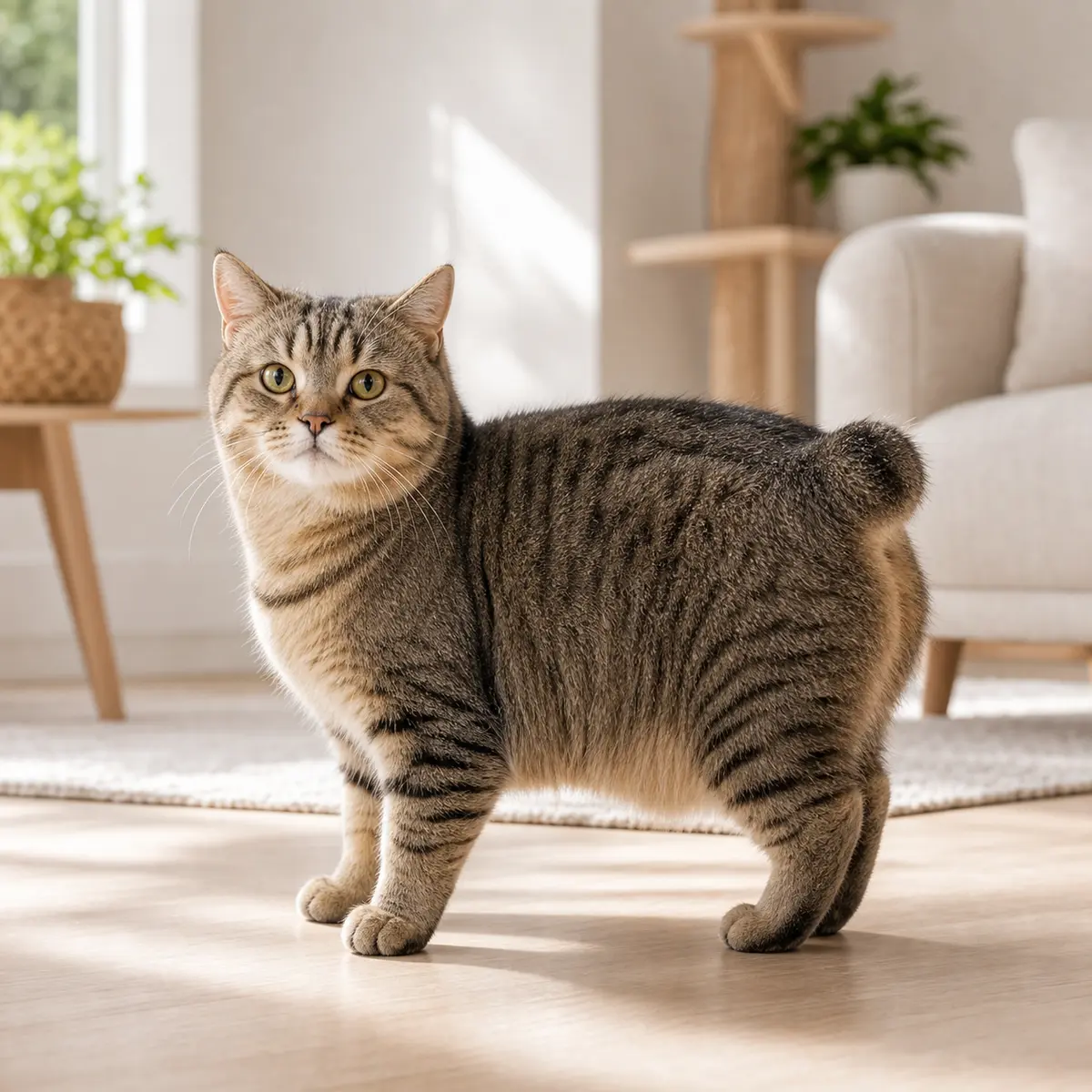 Manx cat standing in a bright modern home