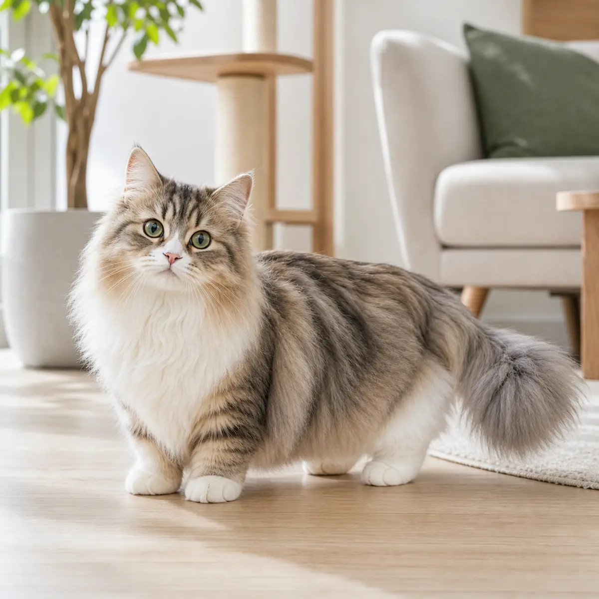 Minuet Longhair cat standing in a bright modern home