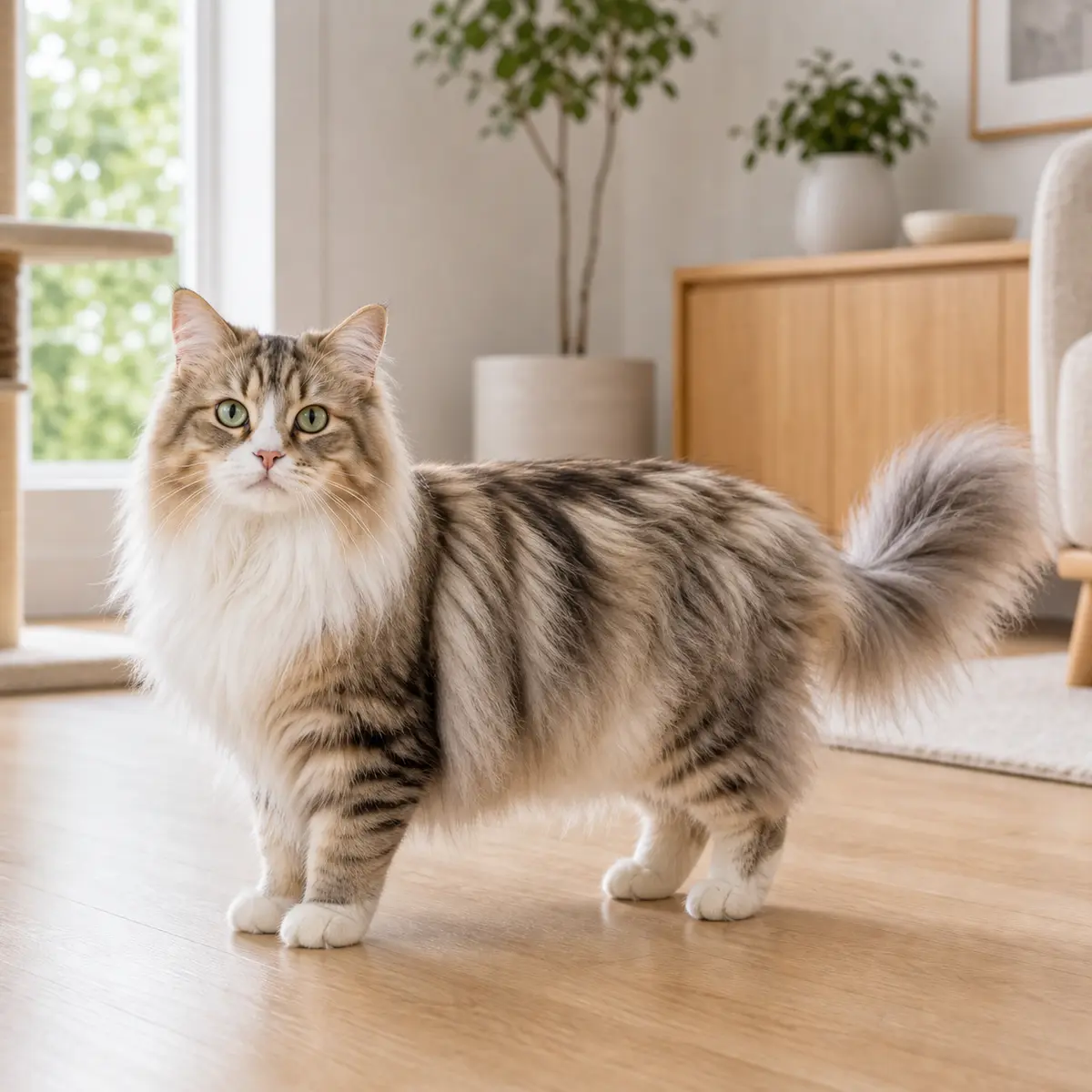 Minuet Talls Longhair cat standing in a bright modern home