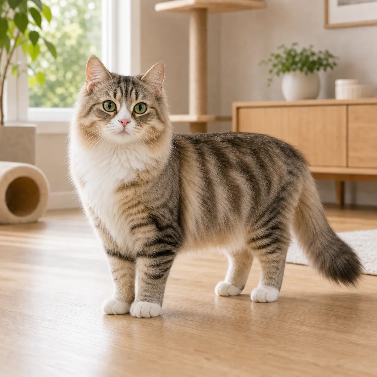 Minuet Talls cat standing in a bright modern home