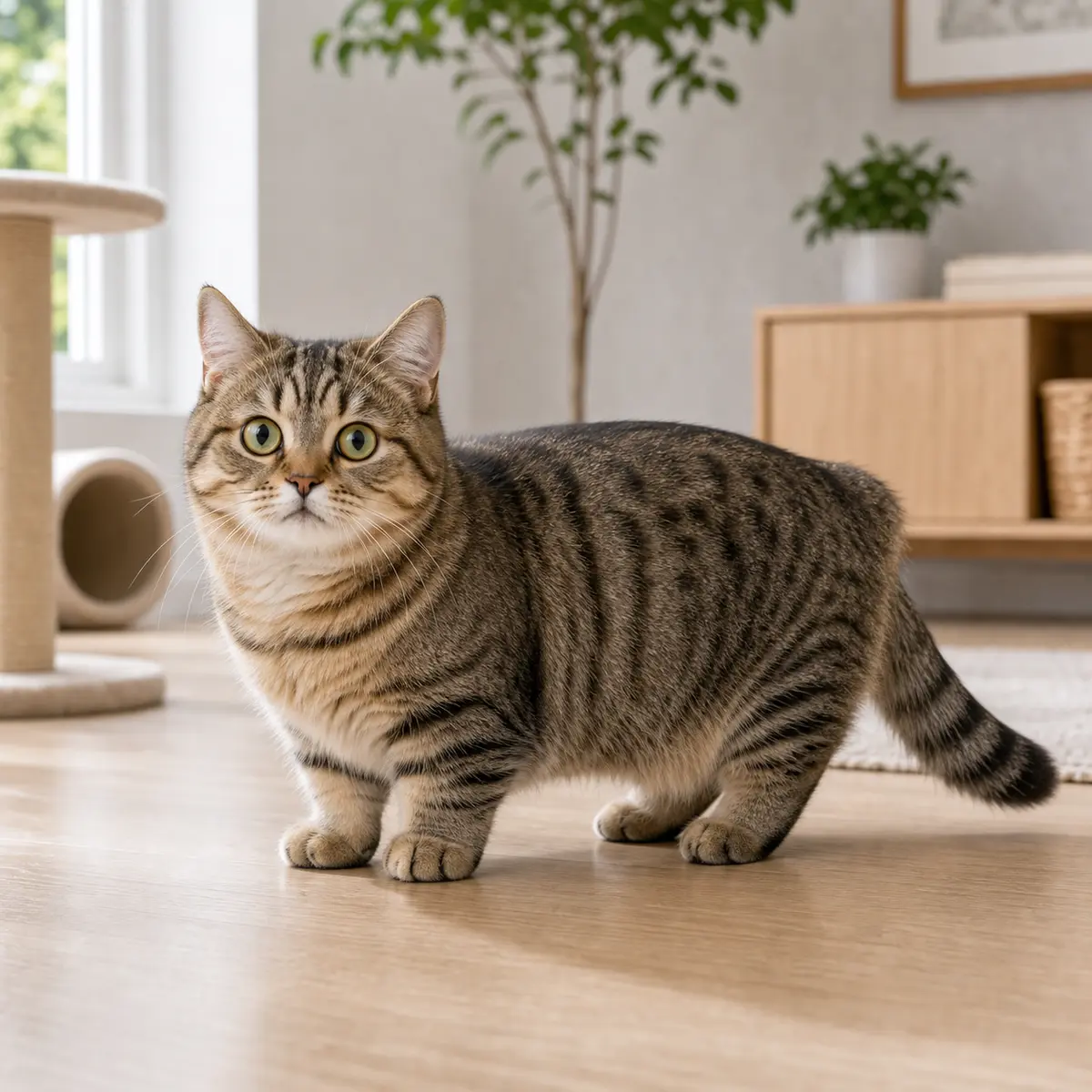Minuet cat standing in a bright modern home
