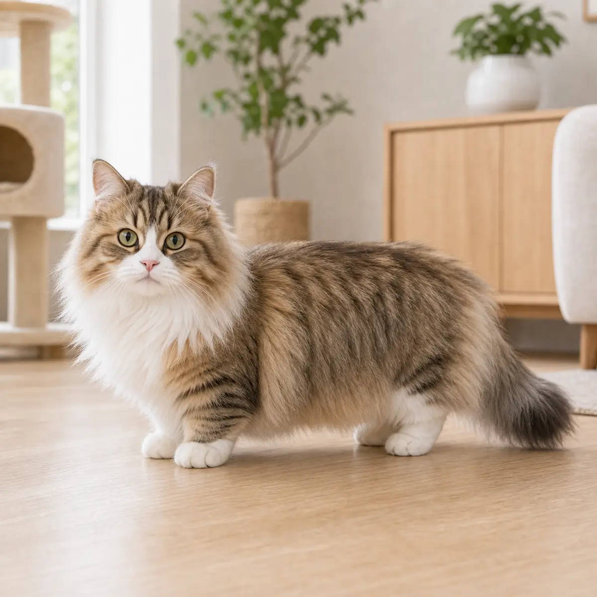 Munchkin Longhair cat standing in a bright modern home