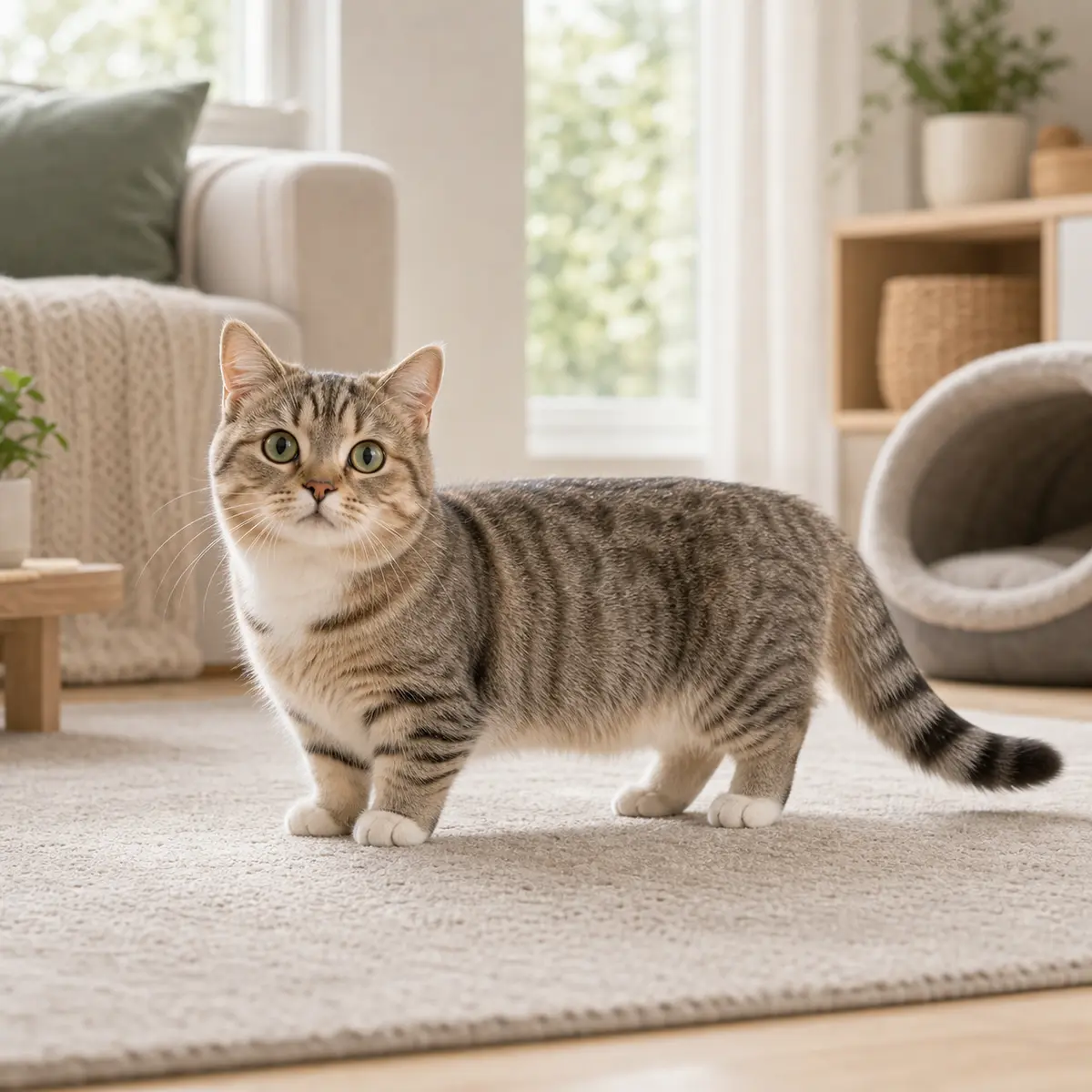 Munchkin cat standing in a bright modern home