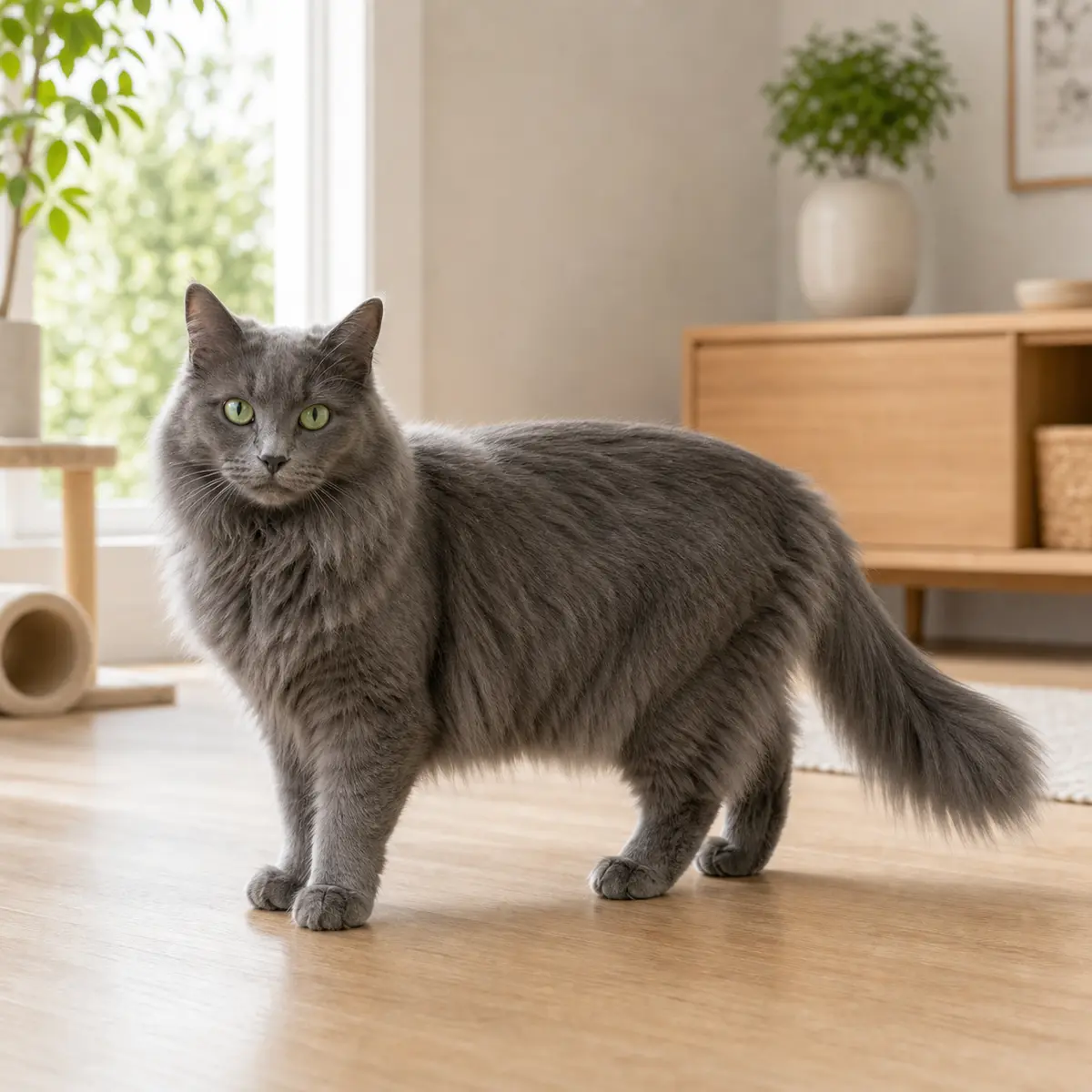 Nebelung cat standing in a bright modern home