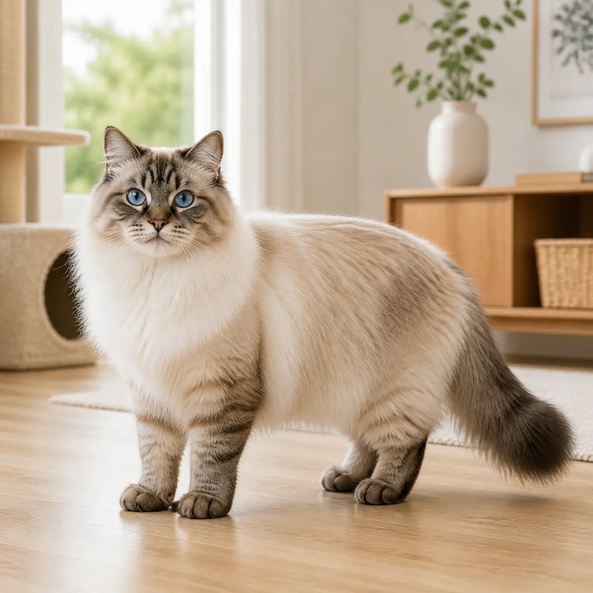 Neva Masquerade cat standing in a bright modern home