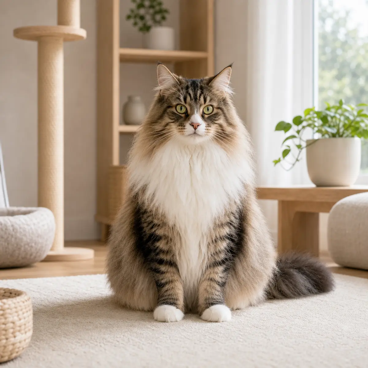 Norwegian Forest Cat sitting in a bright modern home