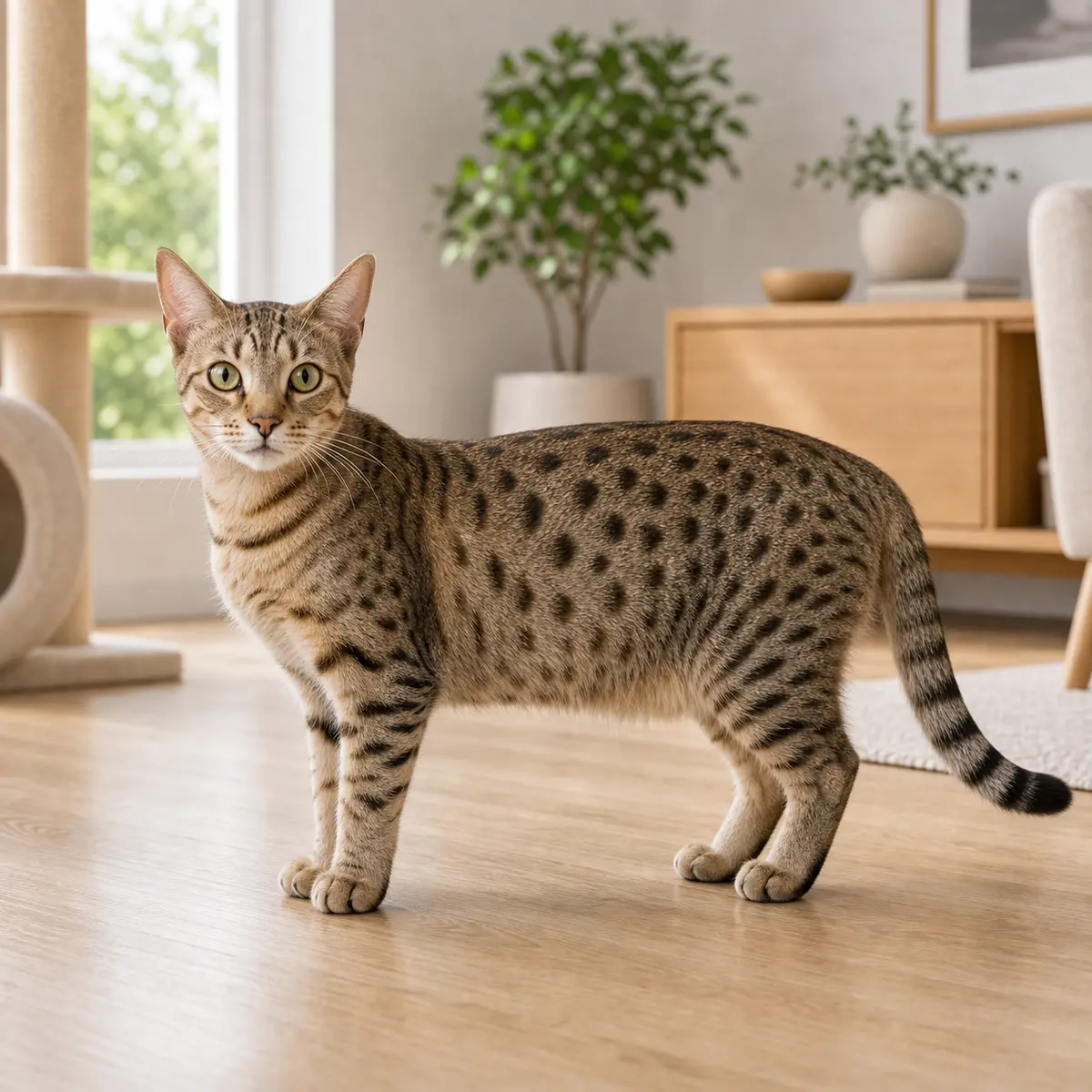 Ocicat standing in a bright modern home