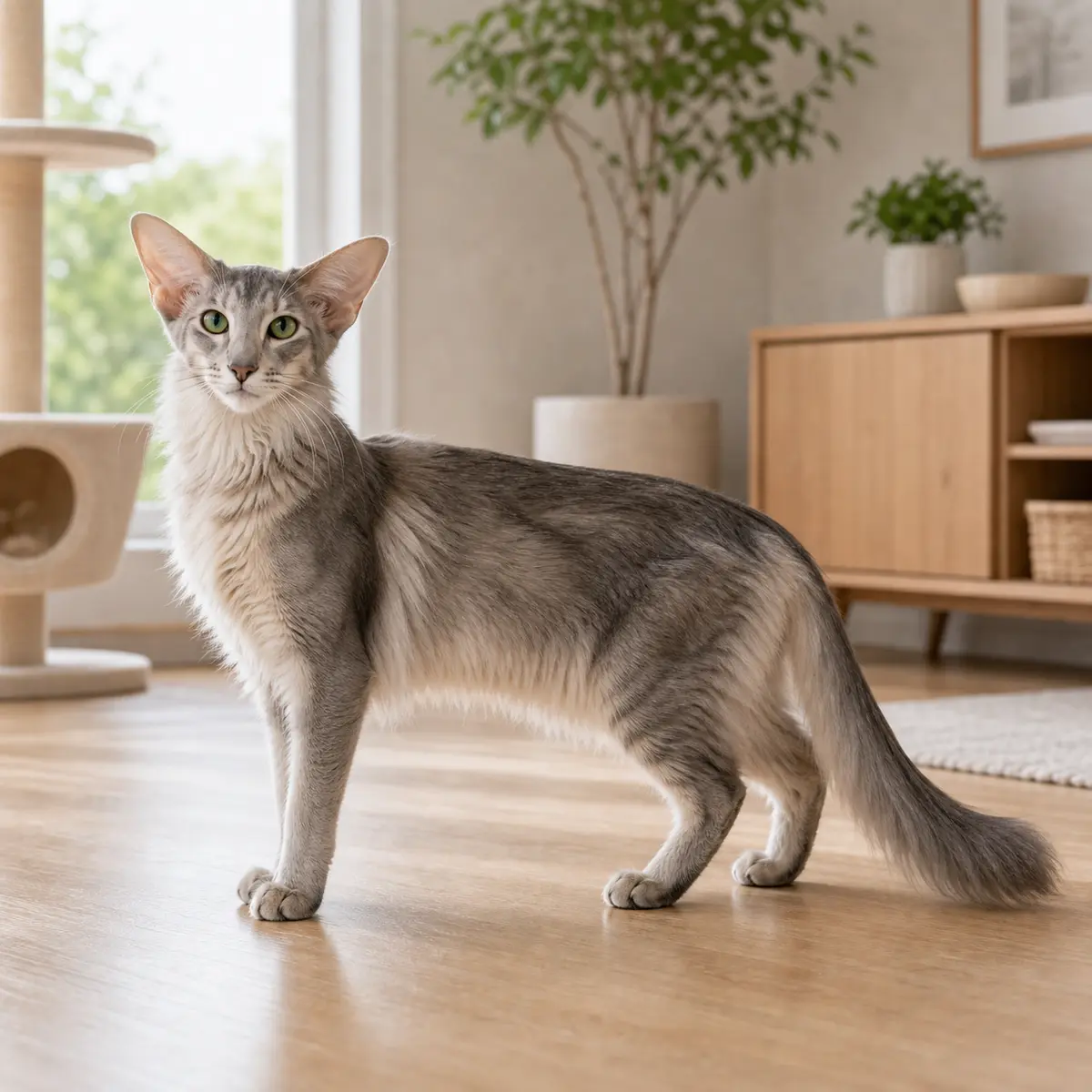 Oriental Longhair cat standing in a bright modern home