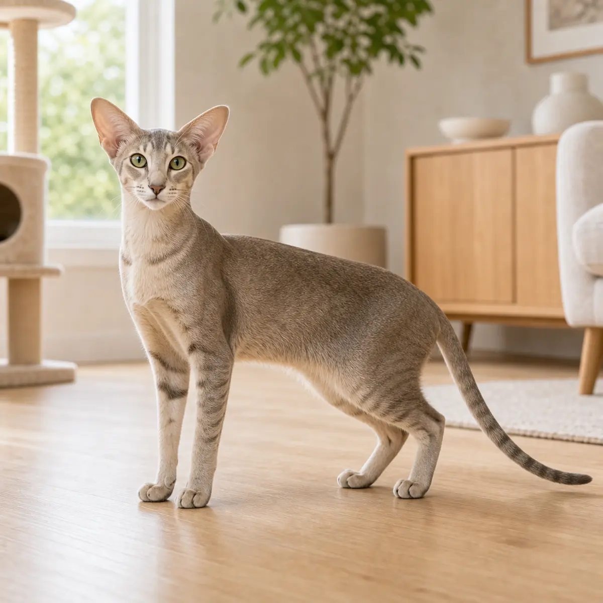 Oriental Shorthair cat standing in a bright modern home