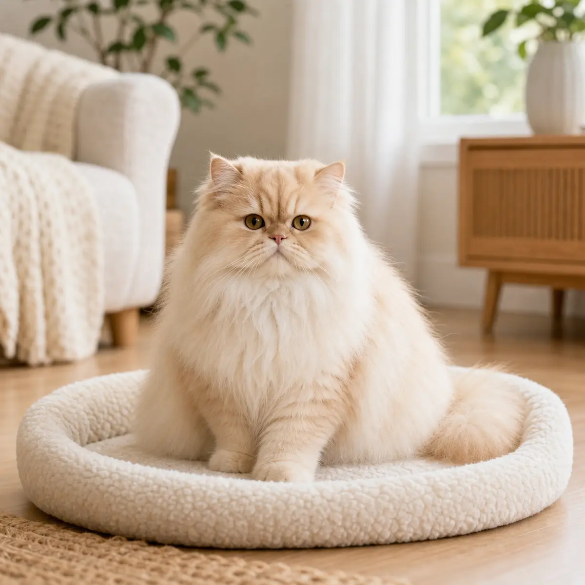Persian cat resting in a soft bed in a calm home
