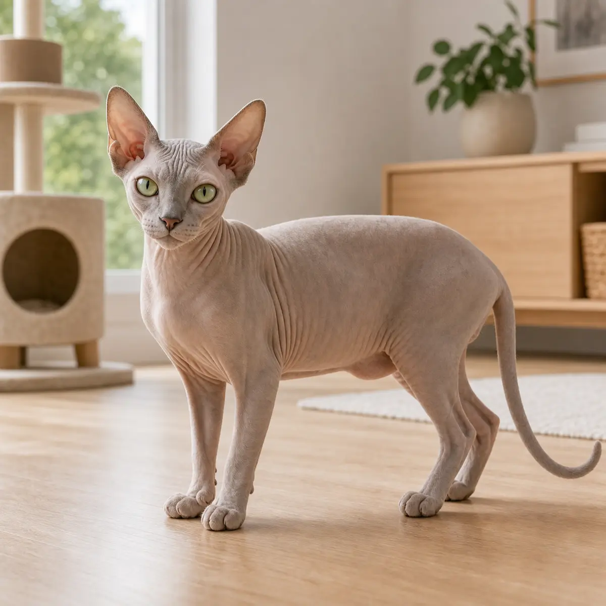 Peterbald cat standing in a bright modern home