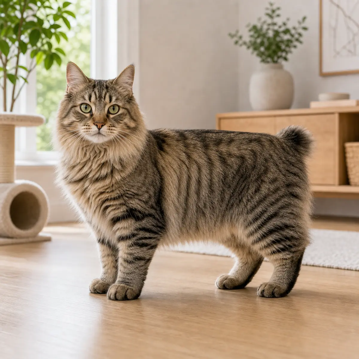 Pixiebob Longhair cat standing in a bright modern home