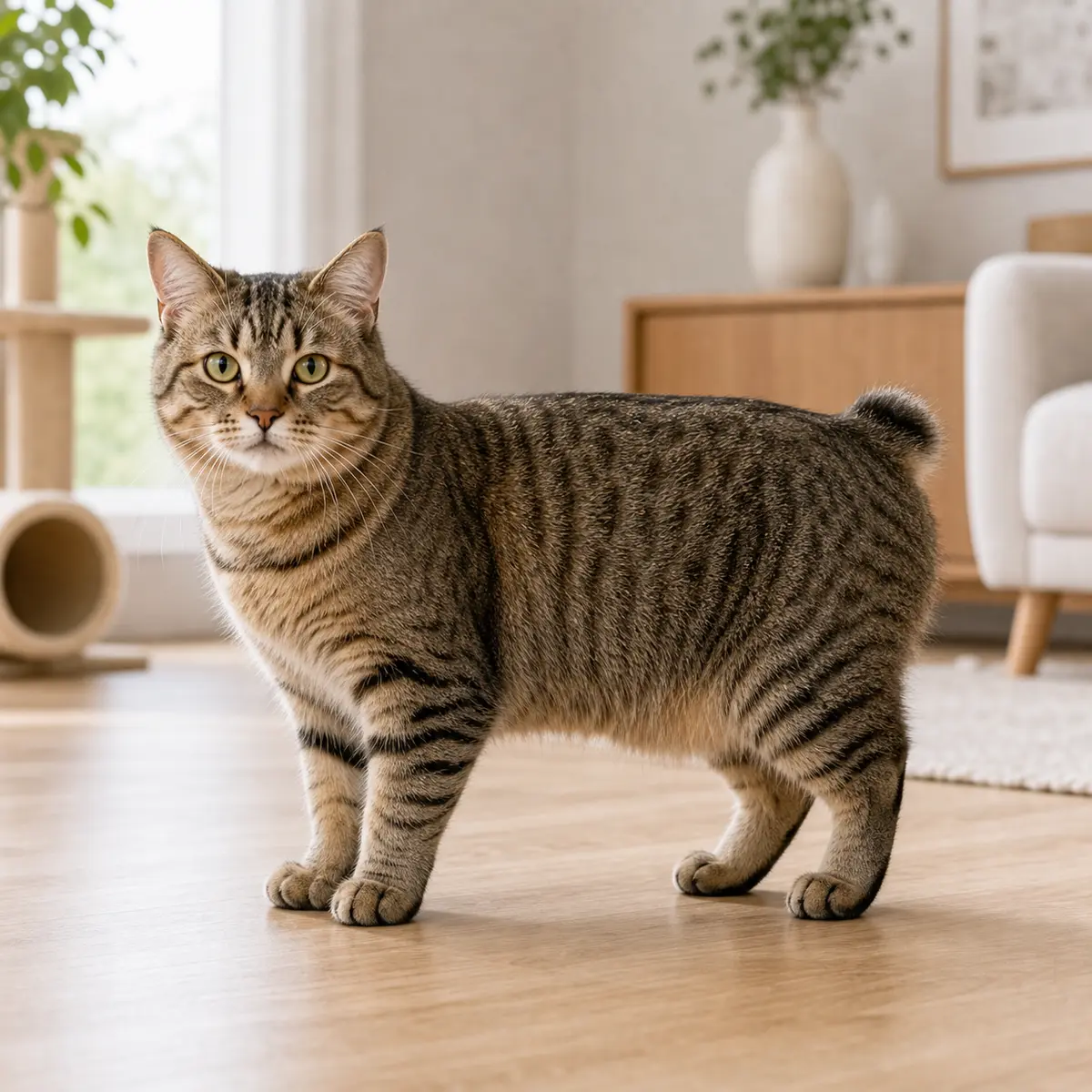 Pixiebob cat standing in a bright modern home