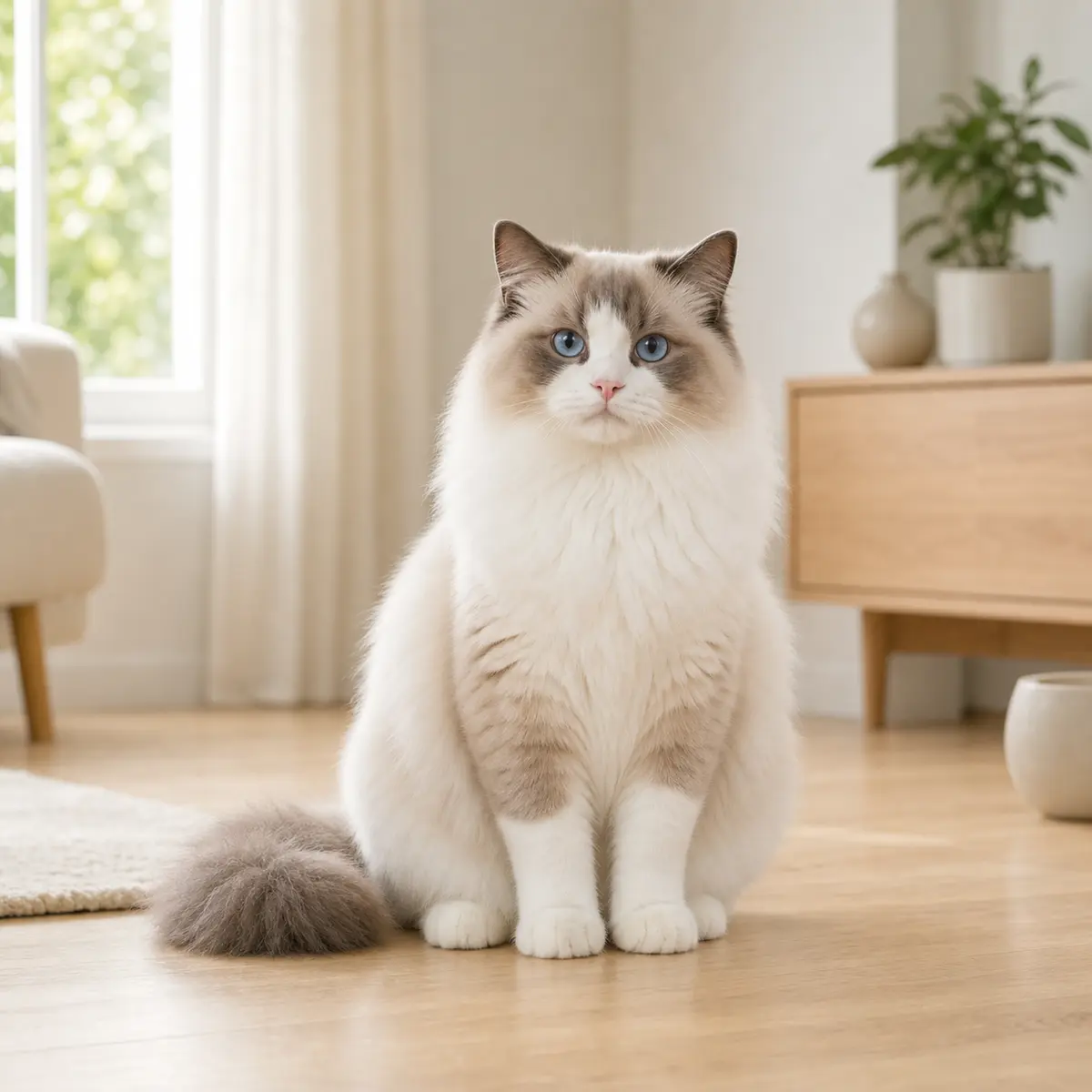 Ragdoll cat sitting in a bright modern home