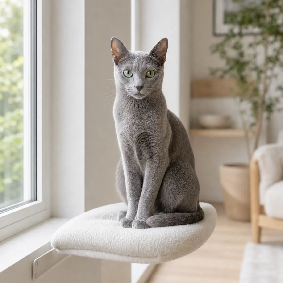 Russian Blue cat sitting on a window perch in a calm home