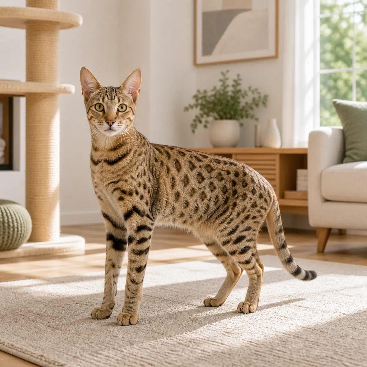 Savannah cat standing in a bright modern home