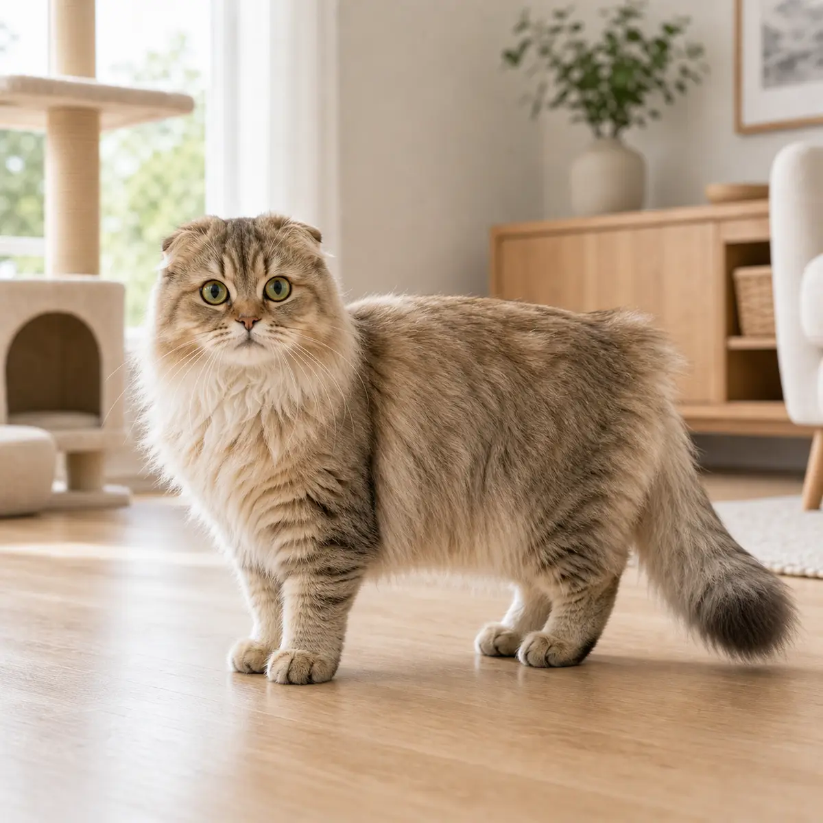 Scottish Fold Longhair cat standing in a bright modern home