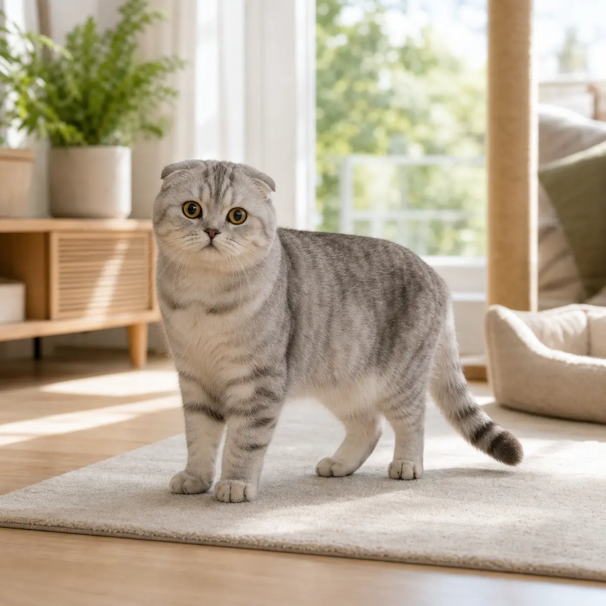 Scottish Fold cat standing in a bright modern home