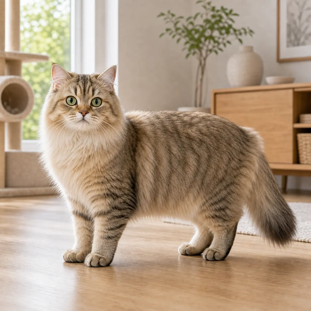 Scottish Straight Longhair cat standing in a bright modern home