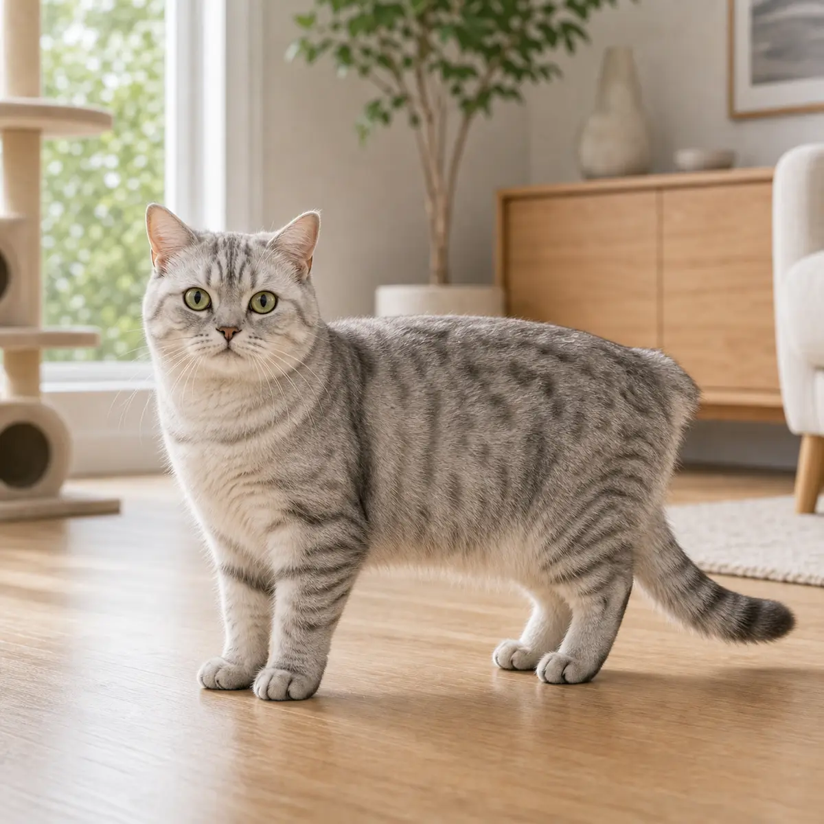 Scottish Straight cat standing in a bright modern home
