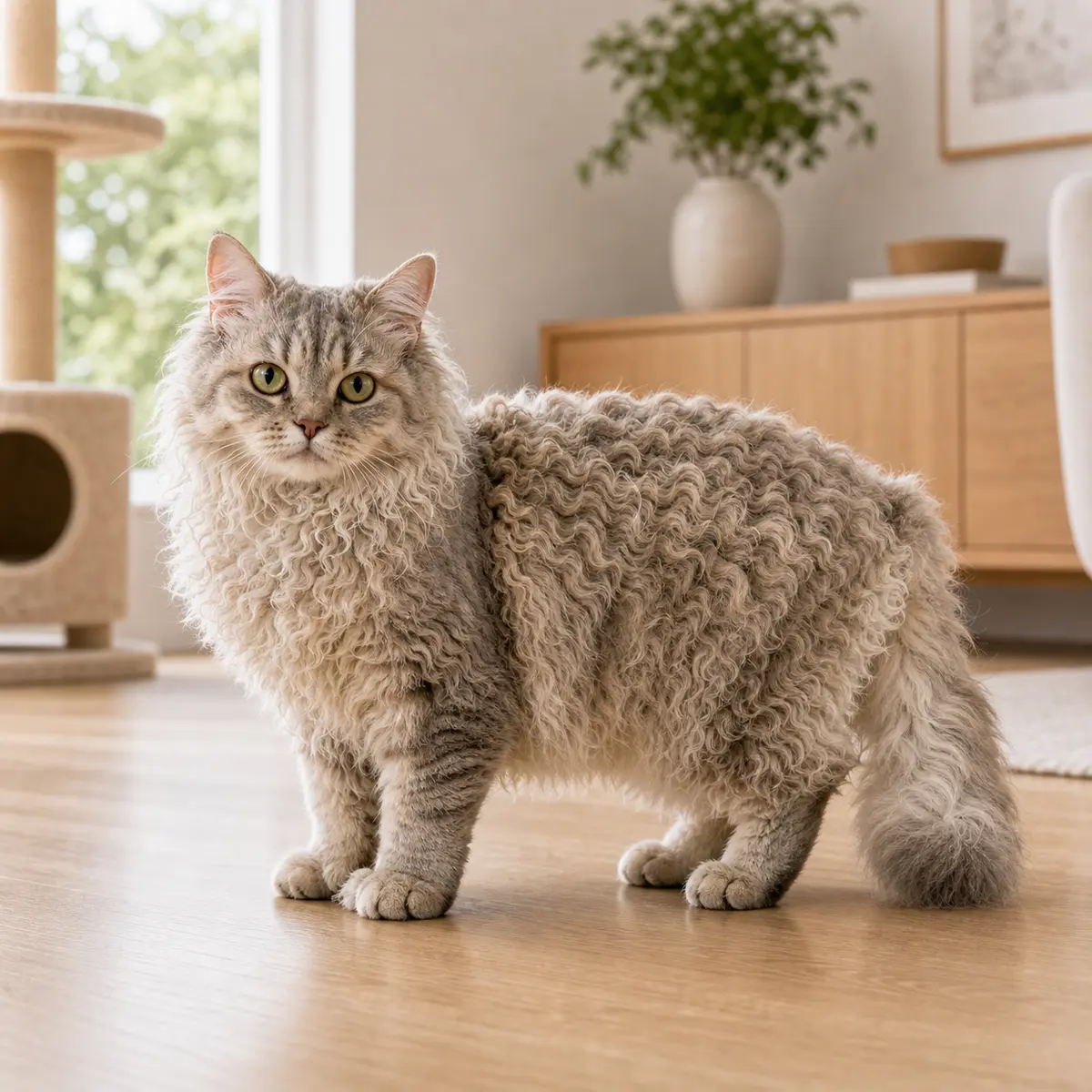 Selkirk Rex Longhair cat standing in a bright modern home