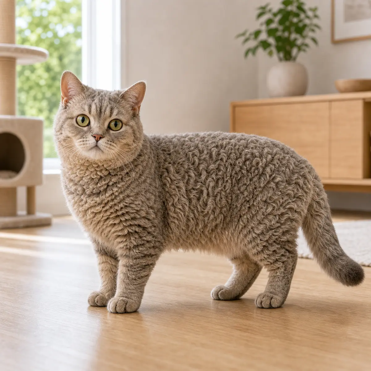 Selkirk Rex Shorthair cat standing in a bright modern home