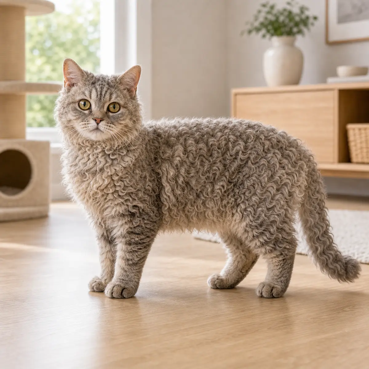Selkirk Rex cat standing in a bright modern home