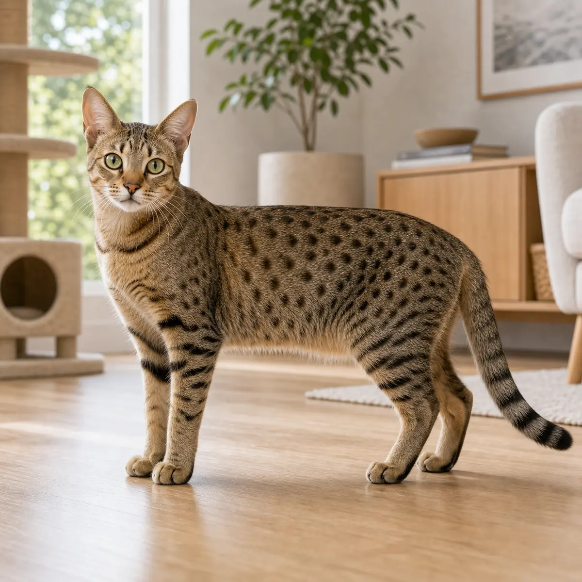 Serengeti cat standing in a bright modern home