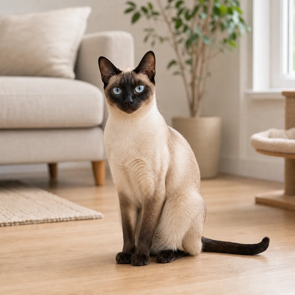 Siamese cat sitting in a bright calm home