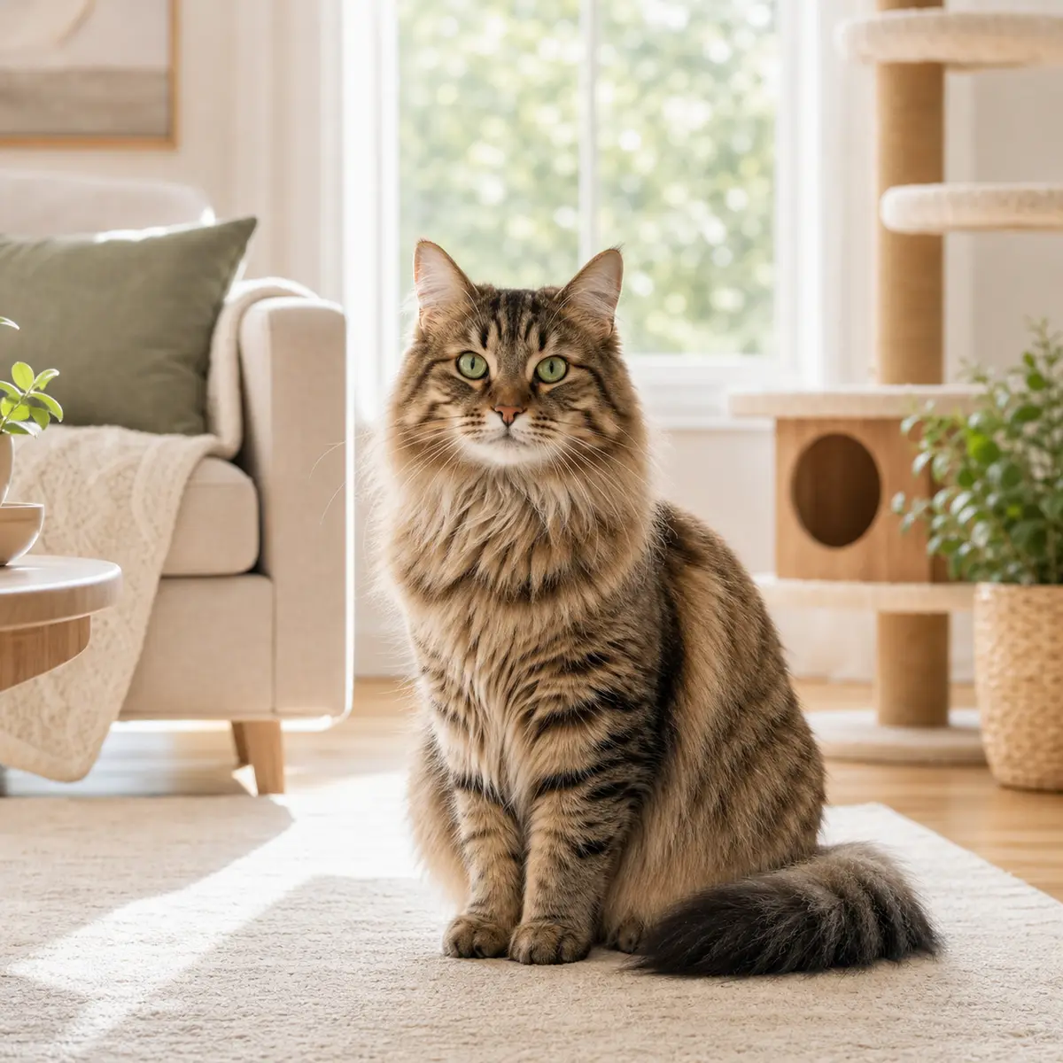 Siberian cat sitting in a bright cat-friendly home