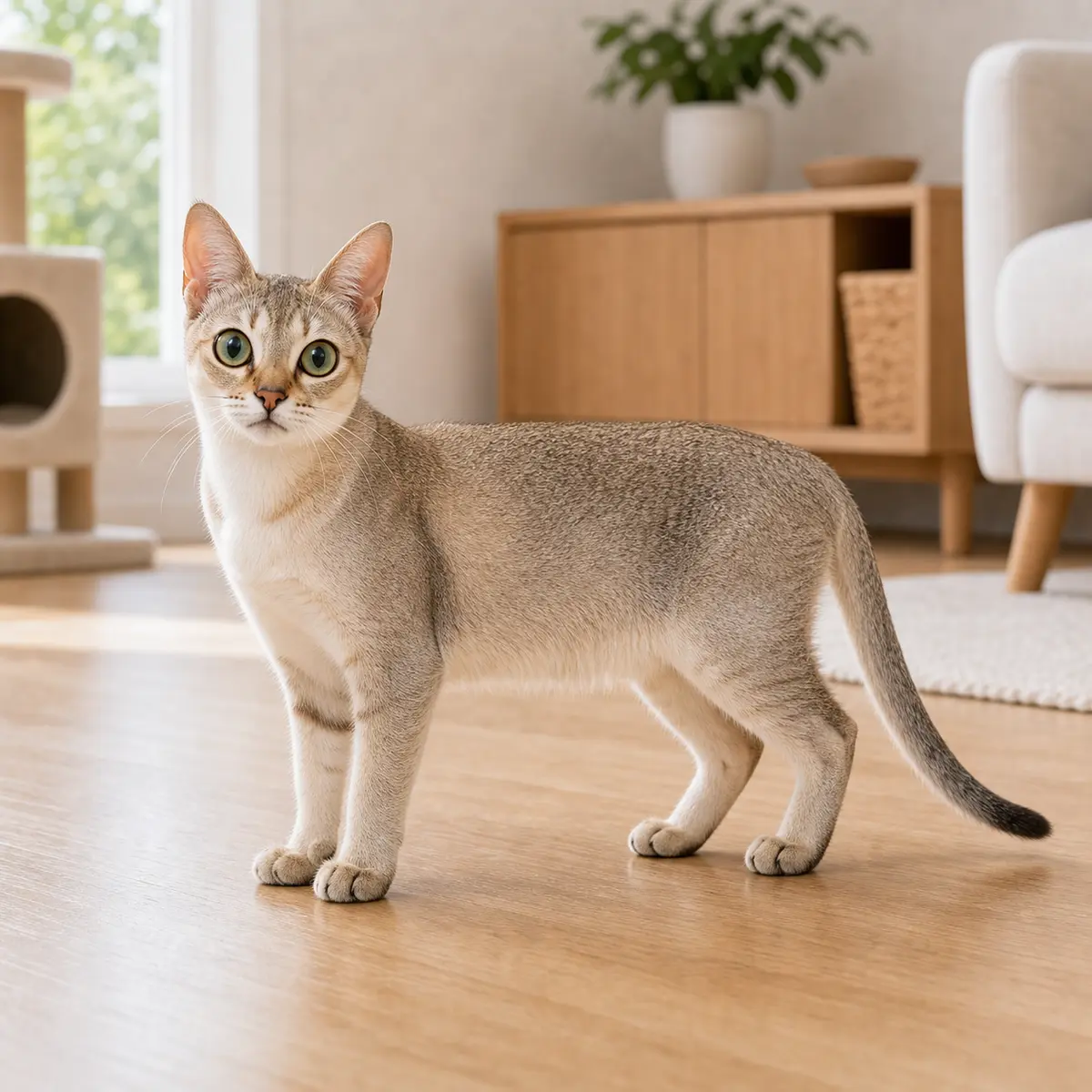 Singapura cat standing in a bright modern home