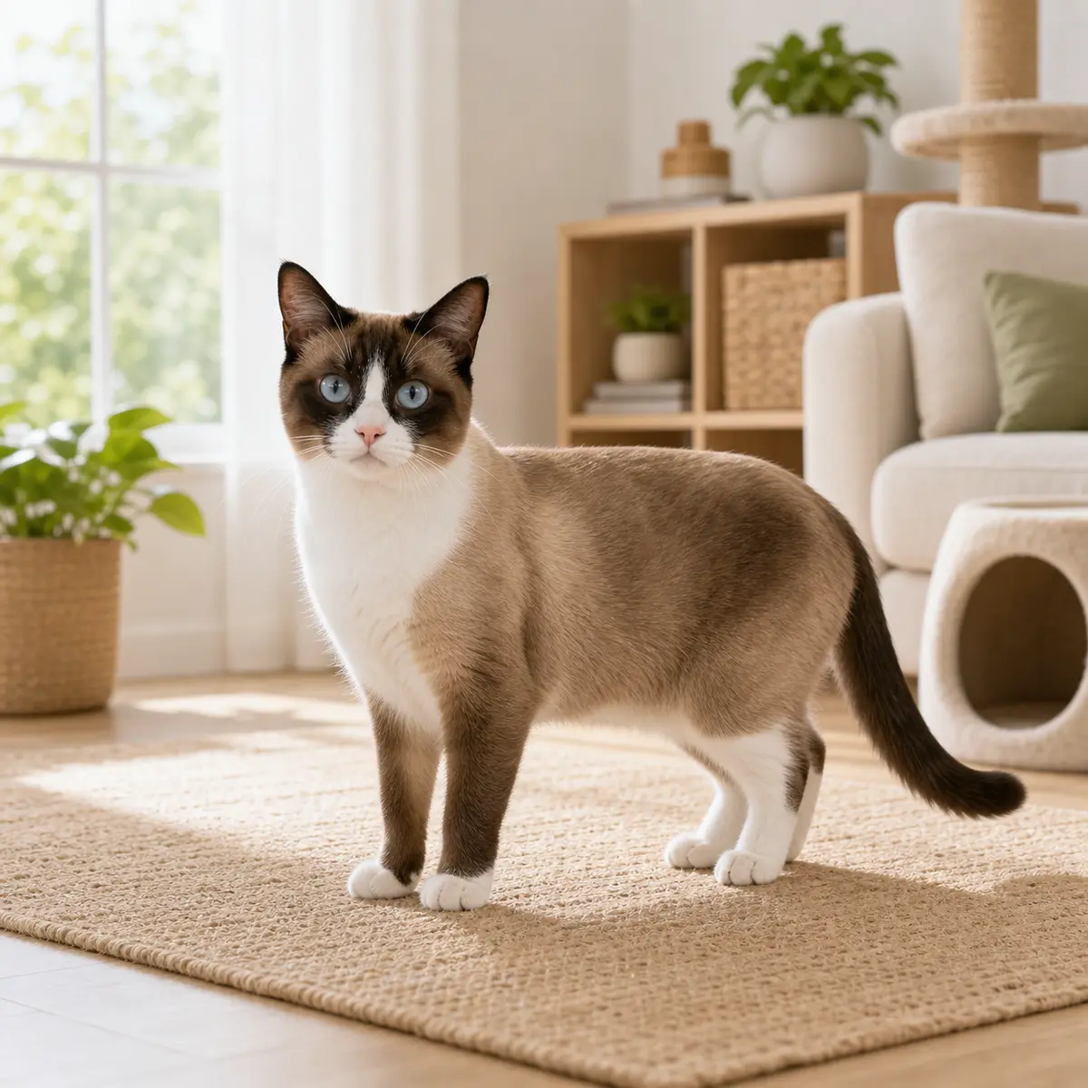 Snowshoe cat standing in a bright modern home