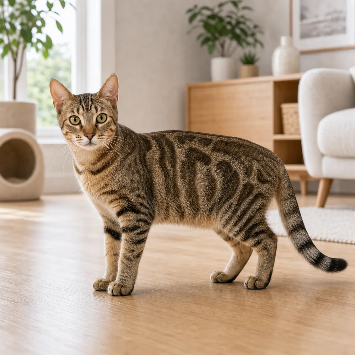 Sokoke cat standing in a bright modern home