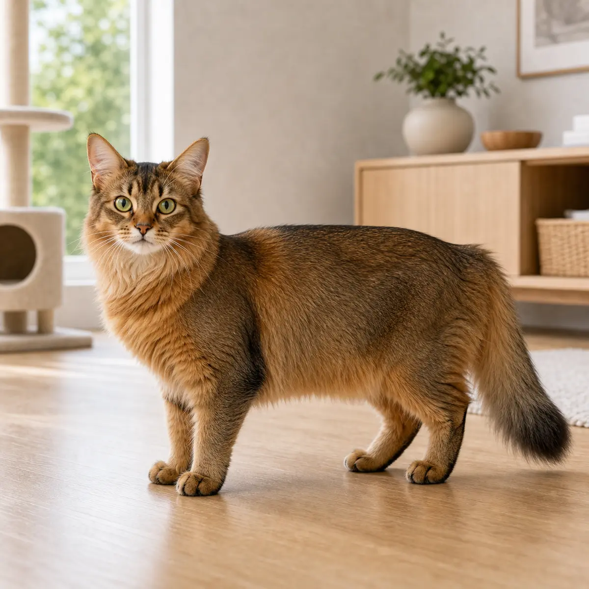 Somali cat standing in a bright modern home